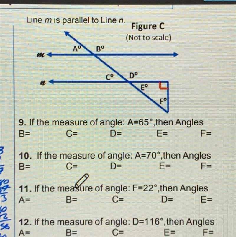 Line m is parallel to Line n. Figure C (Not to scale) АО Bº Cº Dº E 9. If the measure-example-1