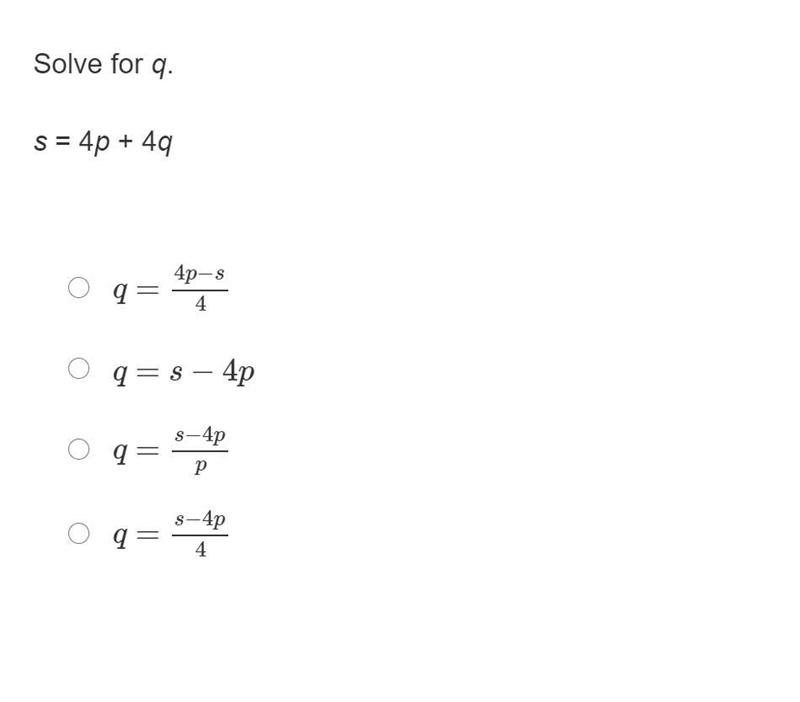 Solve for q. s = 4p + 4q Image below-example-1