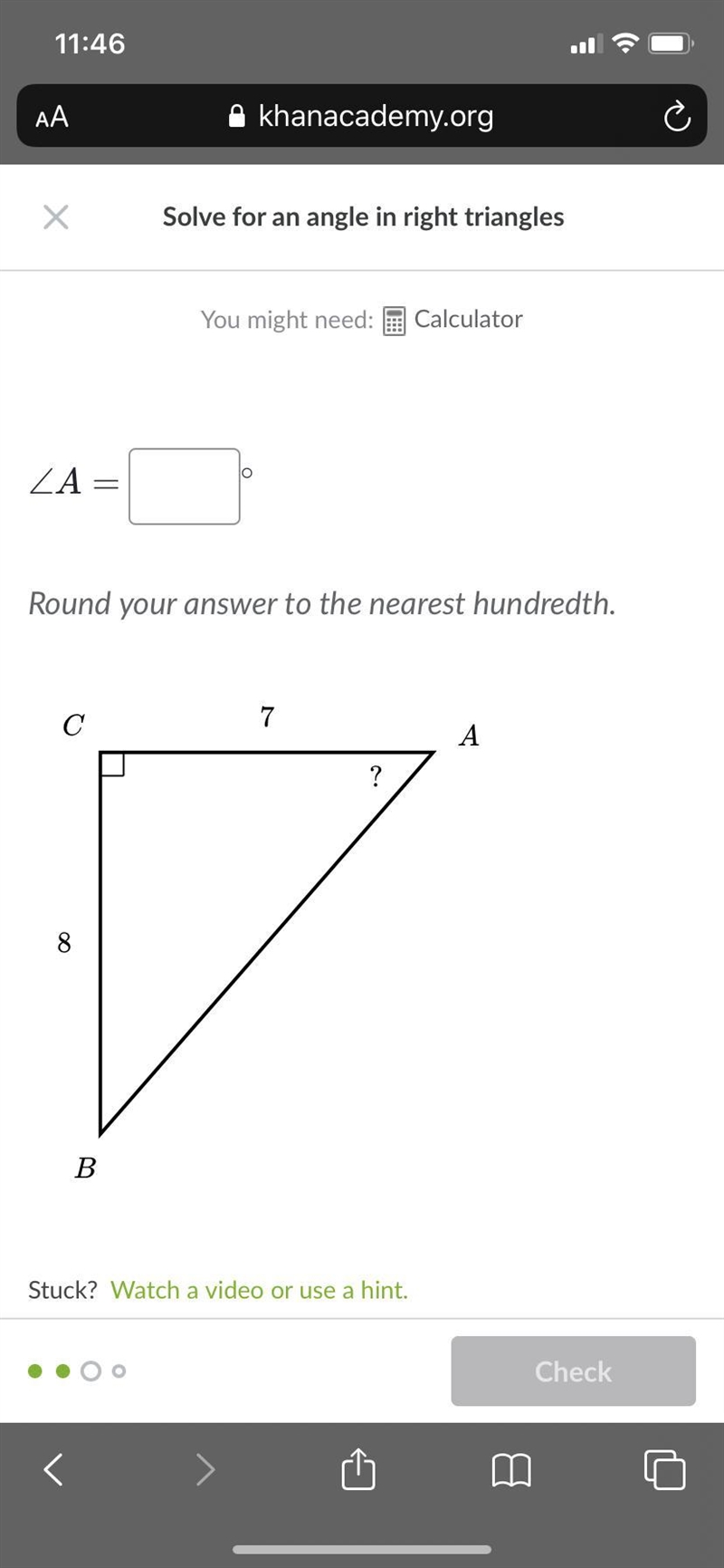 Round your answer to the nearest hundredth. Find angle A=?-example-1