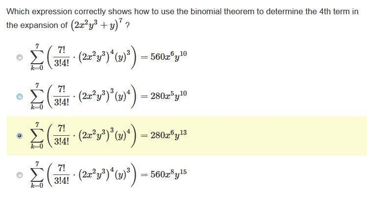 Which expression correctly shows how to use the binomial theorem to determine the-example-1