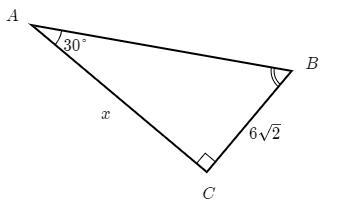 In the right triangle shown, m∠A = 30 degrees, and BC = 6√2, how long is AC?-example-1