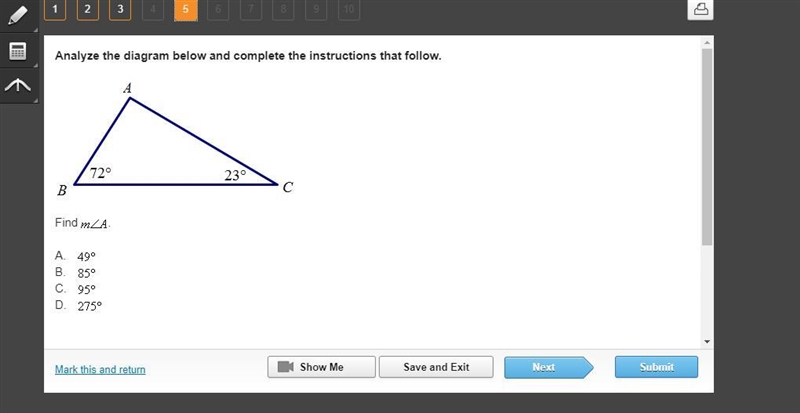 Find M a A. 49 B. 35 C. 95 D. 275-example-1