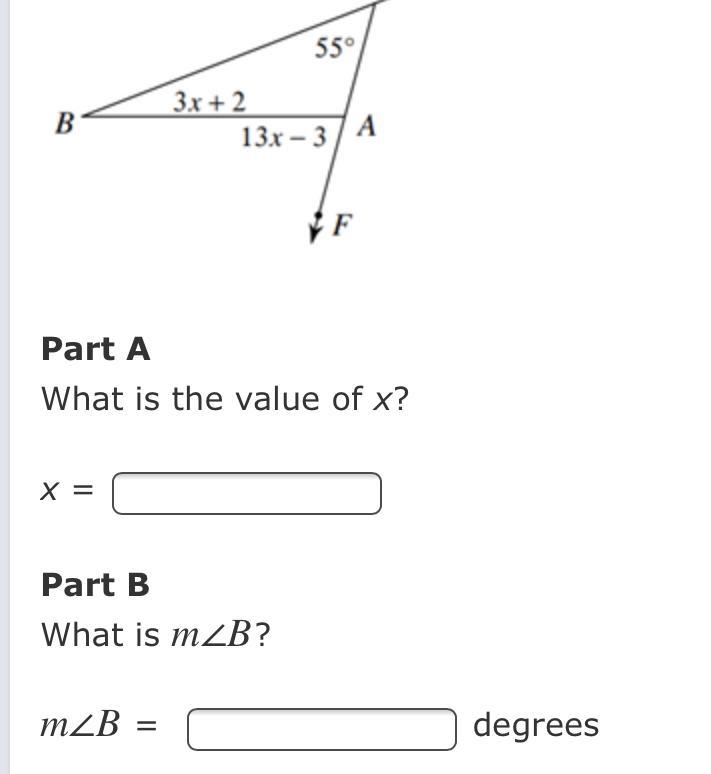 What is the value for x and what is angle b?-example-1