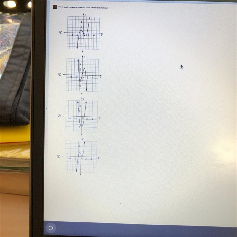 Which graph represents a function that is neither even nor odd? (Pictures included-example-1