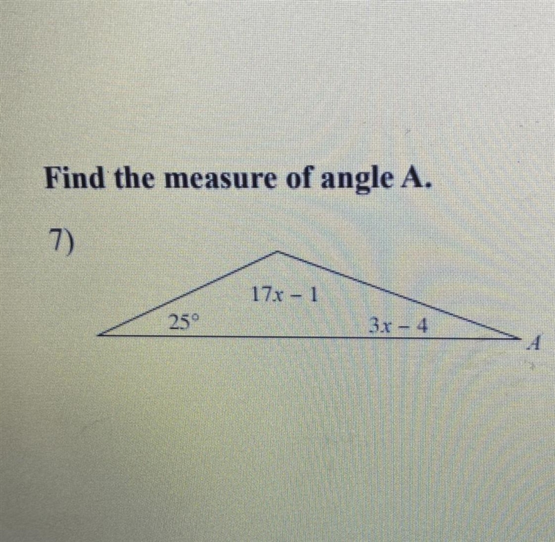 Find the measure of angle A. This is for my math class, and I’ve been stuck on this-example-1