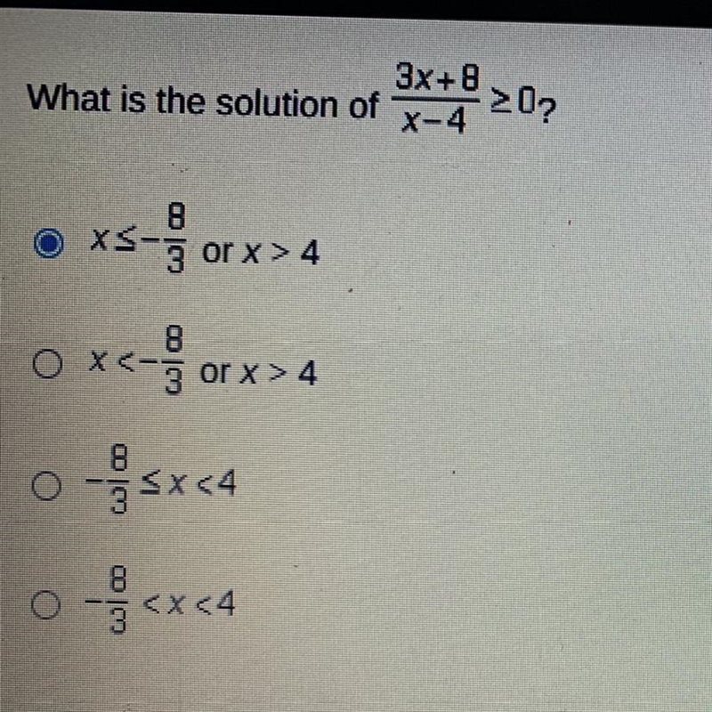 What is the solution of (3x + 8)/(x - 4) >= 02-example-1