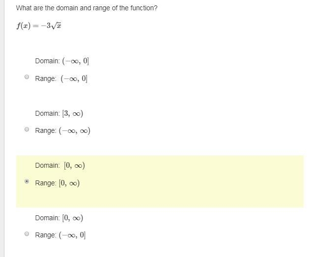 What are the domain and range of the function? f(x)=−3x√ Domain: (−∞, 0] Range: ​ (−∞, 0] ​ Domain-example-1