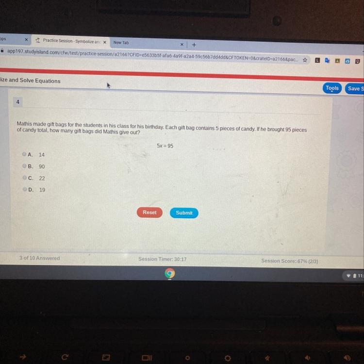 Each gift bag contains five pieces of candy if he brought 95 pieces of candy total-example-1