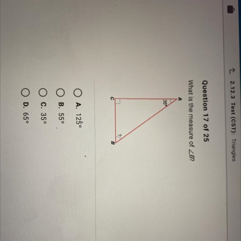 What is the measure of A. 135° B. 55° C. 35° D. 65°-example-1