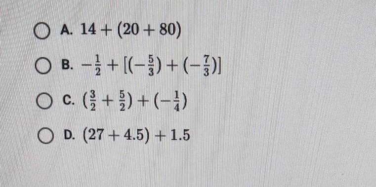 which expression would be easier to simplify if you use the associative property to-example-1