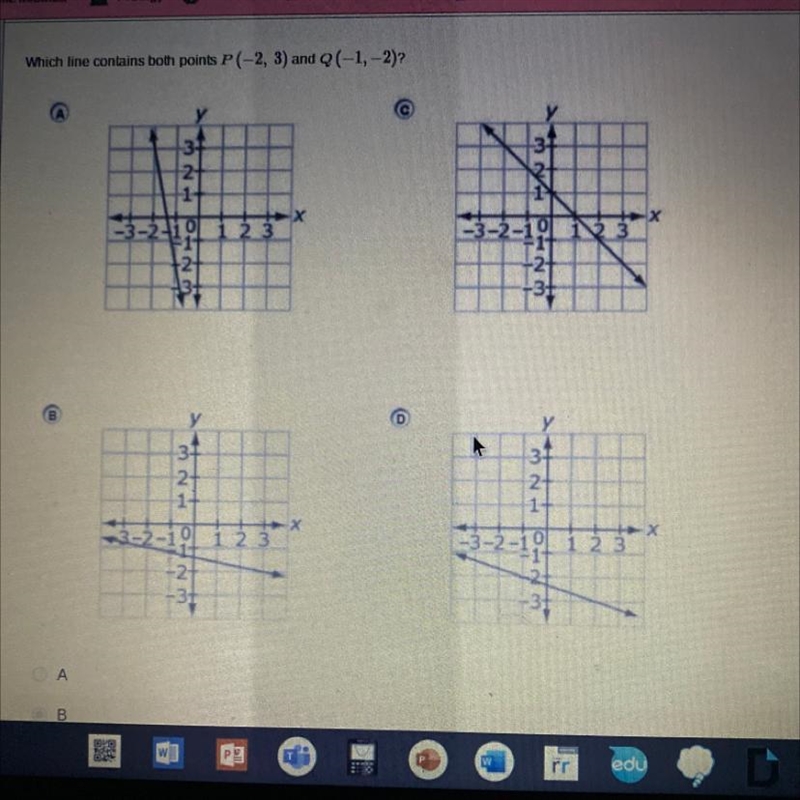 Which line contains both points P (-2, 3) and Q (-1, 2) ?-example-1