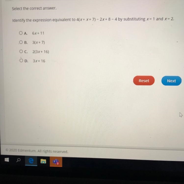 Select the correct answer. Identify the expression equivalent to 4(x + x + 7) - 2x-example-1