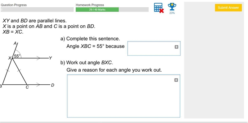 XY and BD are parallel lines X is a point on AB and C is a point on BD. XB=XC b) work-example-1