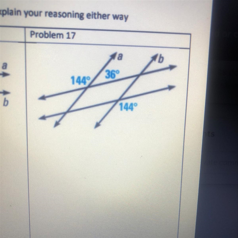 Are lines a and b parallel? and could you explain?-example-1