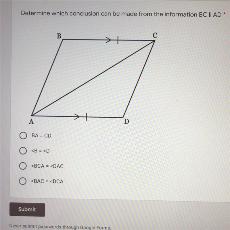 Determine which conclusion can be made from the information BC II AD B С A D BA = CD-example-1