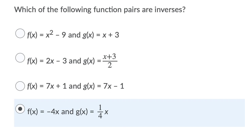 Which of the following function pairs are inverses? Options and questions below:-example-1