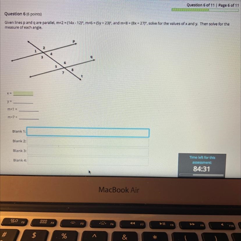 Given lines p and q are parallel, m<2 - (14x - 12), m<6 - (5y + 23), and m&lt-example-1