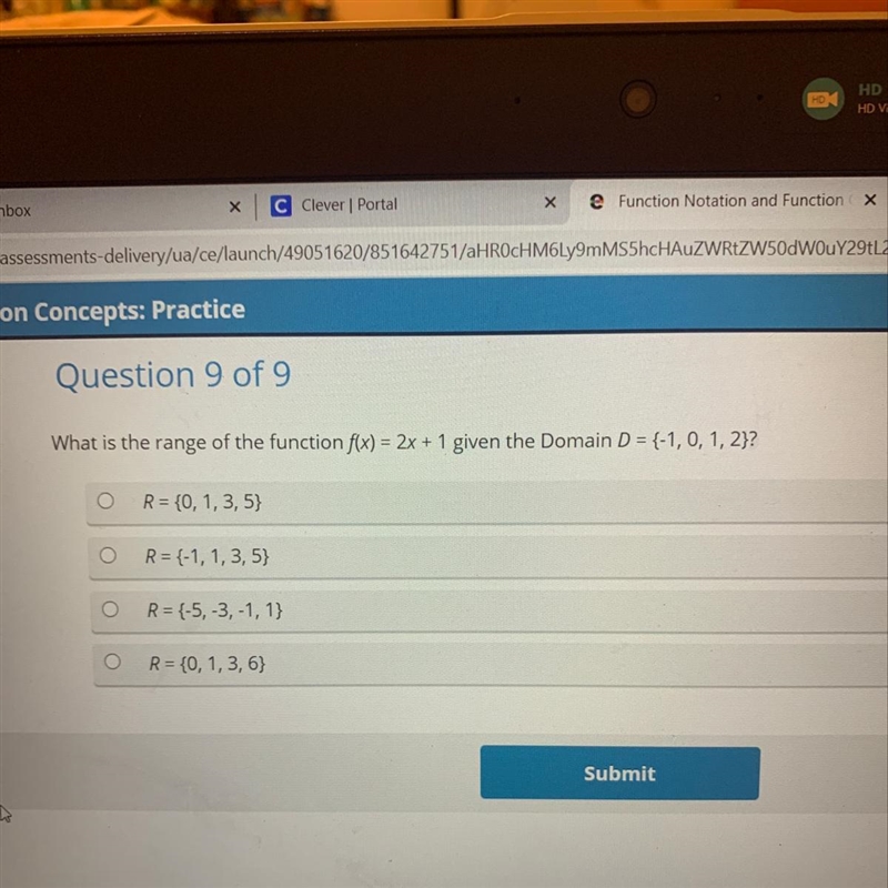 What is the range of the function f(x) = 2x + 1 given the Domain D = {-1,0, 1, 2}? R-example-1