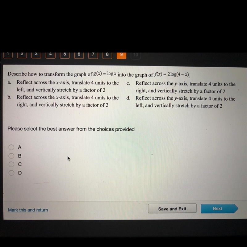 Describe how to transform the graph of g(x) = logx into the graph of f(x) = 2 log-example-1