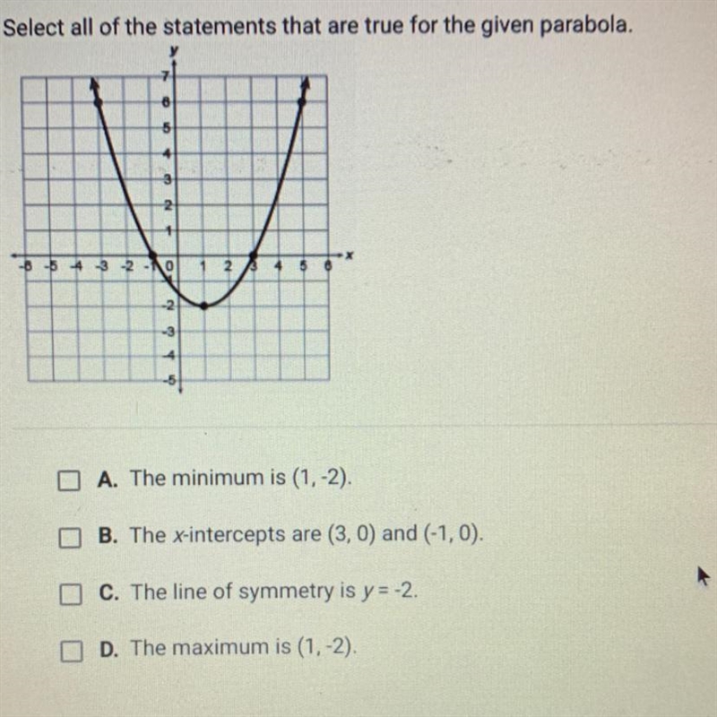 Select all of the statements that are true for the given parabola.-example-1