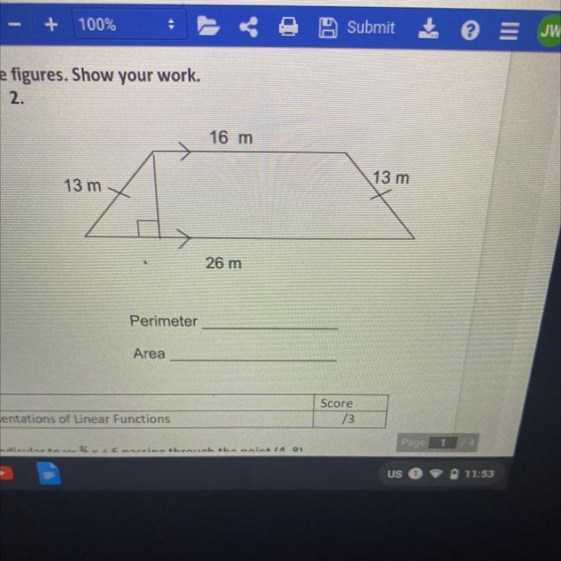 Just need to know the perimeter and the area-example-1