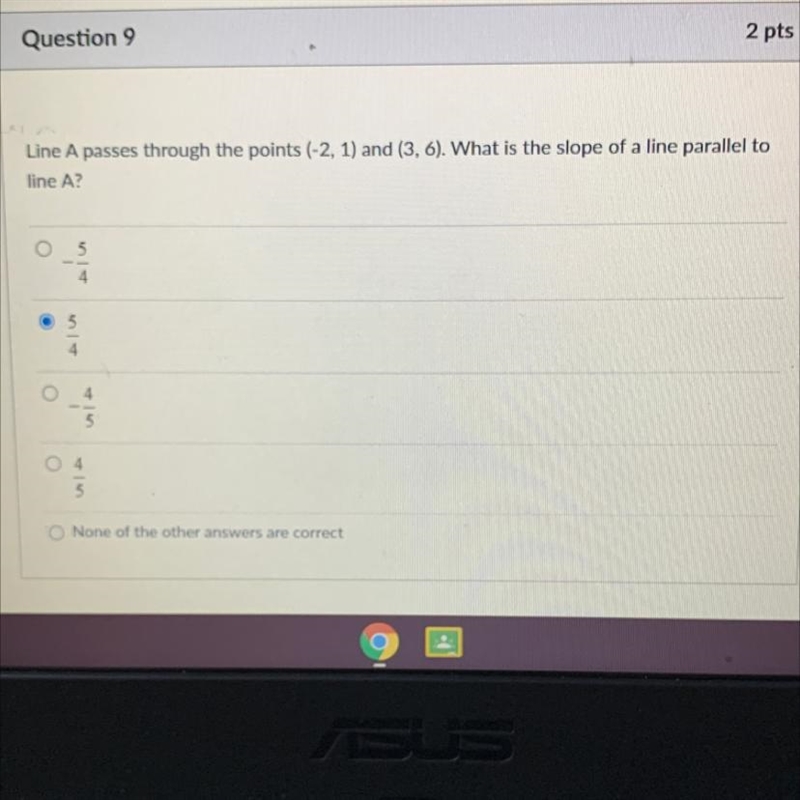 Line A passes through the points (-2,1) and (3,6). What is the slope parallel to line-example-1