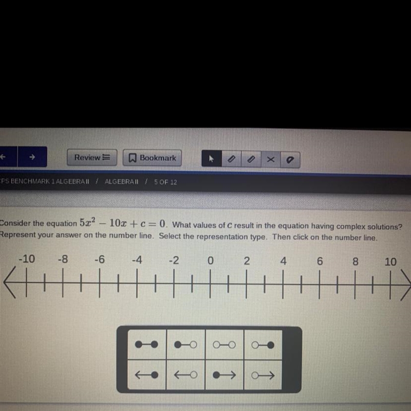 Consider the equation 5x^2-10x+c=0. What values of c result in the equation having-example-1