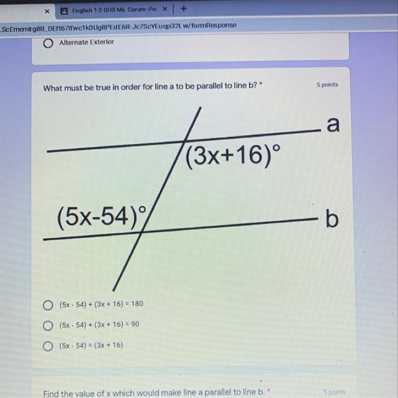 What must be true in order for line A to be parallel of line b?-example-1