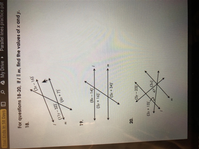 For questions 18-20, if l \\ m, find the values of x and y-example-1