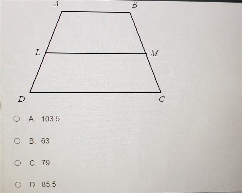 LM is the midsegment of trapezoid ABCD. If AB = 46 and DC = 125, what is LM?​-example-1