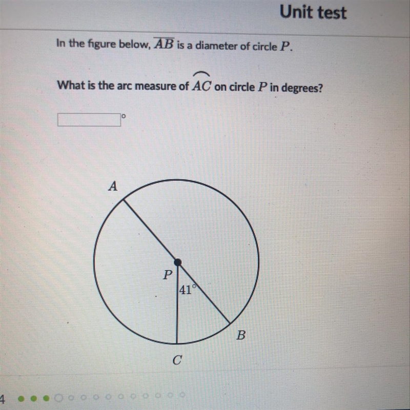 In the figure below, AB is a diameter of circle P. What is the arc measure of AC on-example-1