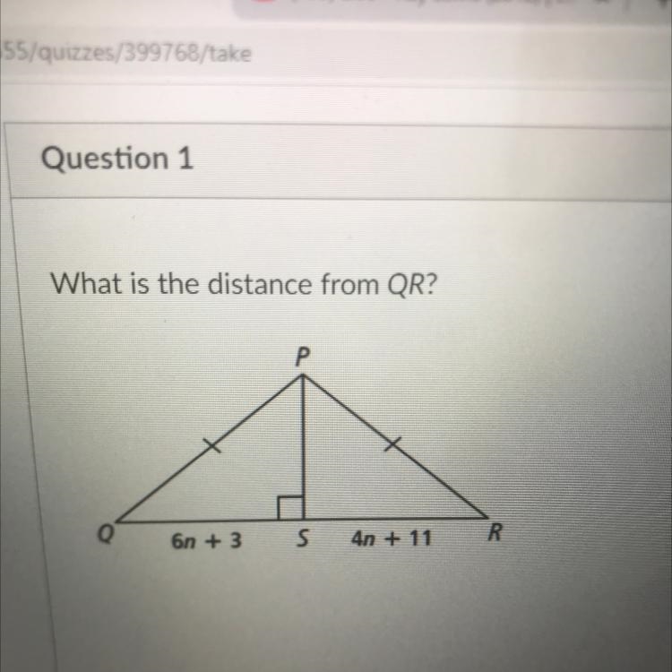 What is the distance from QR? Q 6n + 3 s 4n + 11 R-example-1