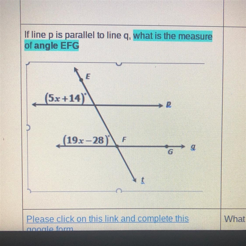 PLZ HELP ME If line p is parallel to line q what is the measure of angle EFG-example-1