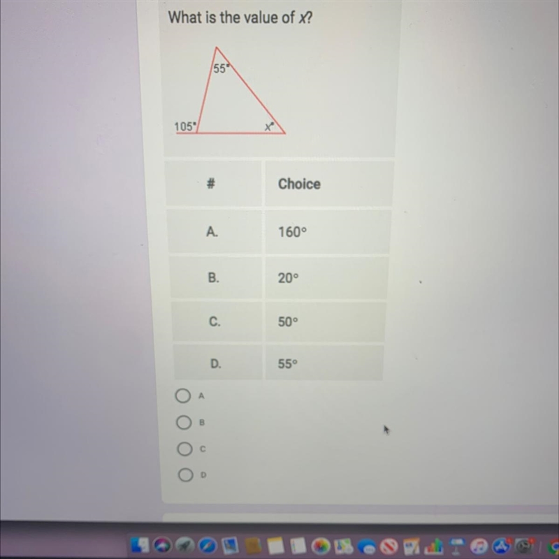 What is the value of x? 55 1059/ # Choice A. 160° B. 200 C. 50° D. 55°-example-1