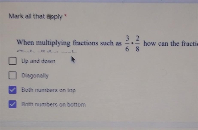 When nultiypling fractions such as 3/6 x 2/8 how can the fractions be reduced? ​-example-1