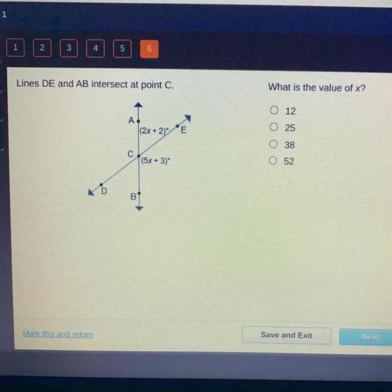 Lines DE and AB intersect at point C. What is the value of x?-example-1