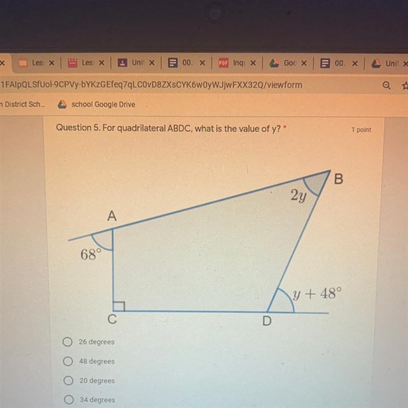 For quadrilateral ABCD, what is the value of y - 26 degrees - 48 degrees - 20 degrees-example-1