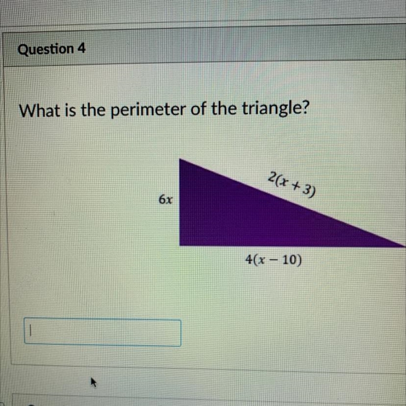 What is the perimeter of the triangle? 2(x+3) 6x 4(x – 10)-example-1