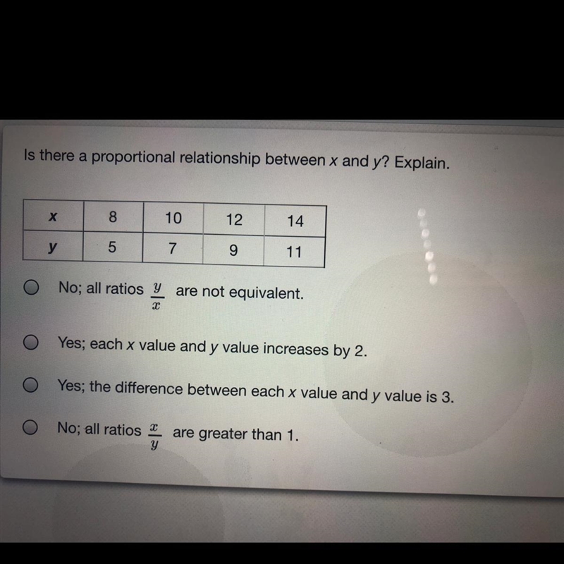 Is there a proportional relationship between x and y A. B. C. D.-example-1