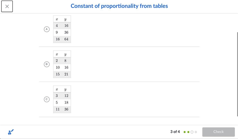 PLEASE HELP ME! (80 POINTS UP FOR GRABS!!) Which table has a constant of proportionality-example-1