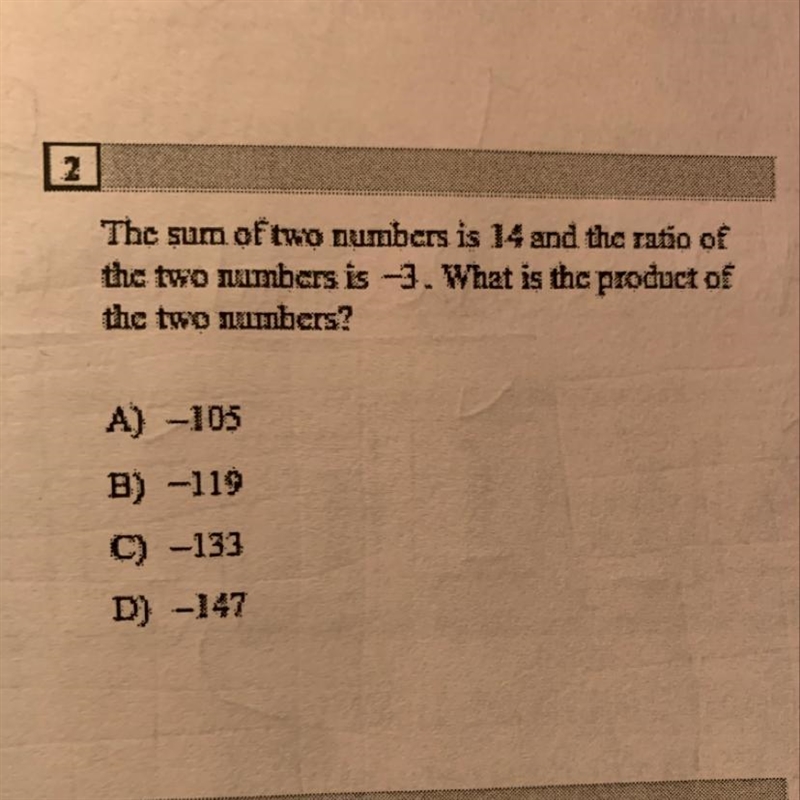 The sum of two numbers is 14 and the ratio of the two numbers is -3 , what is the-example-1