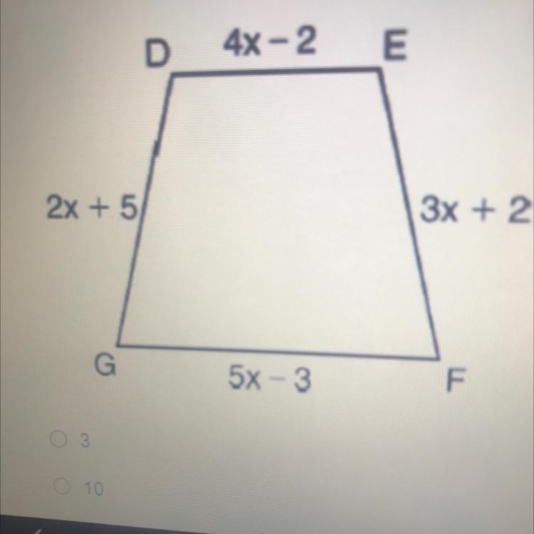 Given quadrilateral DEFG is an isosceles trapezoid. Find DE. D 4x - 2 E 2x + 5 3x-example-1