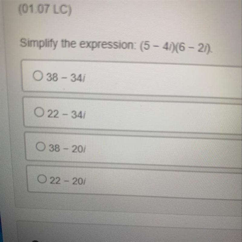 Simplify the expression: (5 - 4i) (6 - 2i).-example-1