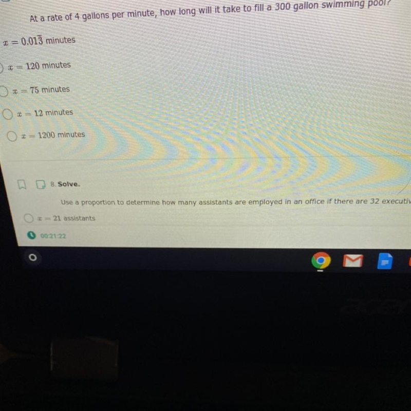 7. Solve. At a rate of 4 gallons per minute, how long will it take to fill a 300 gallon-example-1