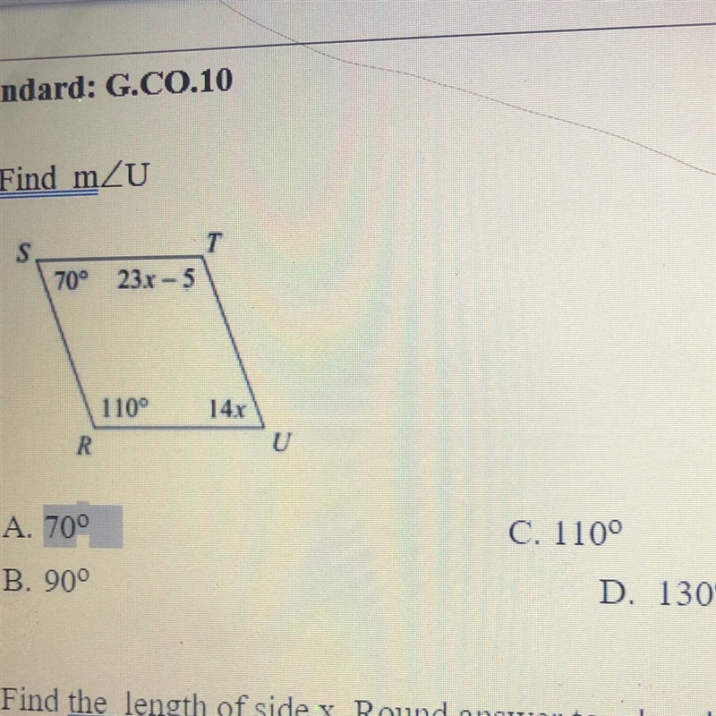 1. Find mZU S 70° T23.x-5 R110° 14x C. 110° A. 70° B. 90° D. 1300-example-1