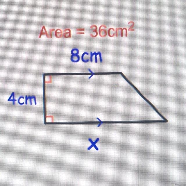 Question 4: Find x for each trapezium. (a) Area = 36cm 8cm 4cm-example-1