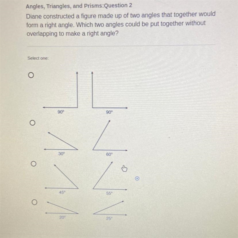 Which two angles could be put together without overlapping to make a right angle?-example-1