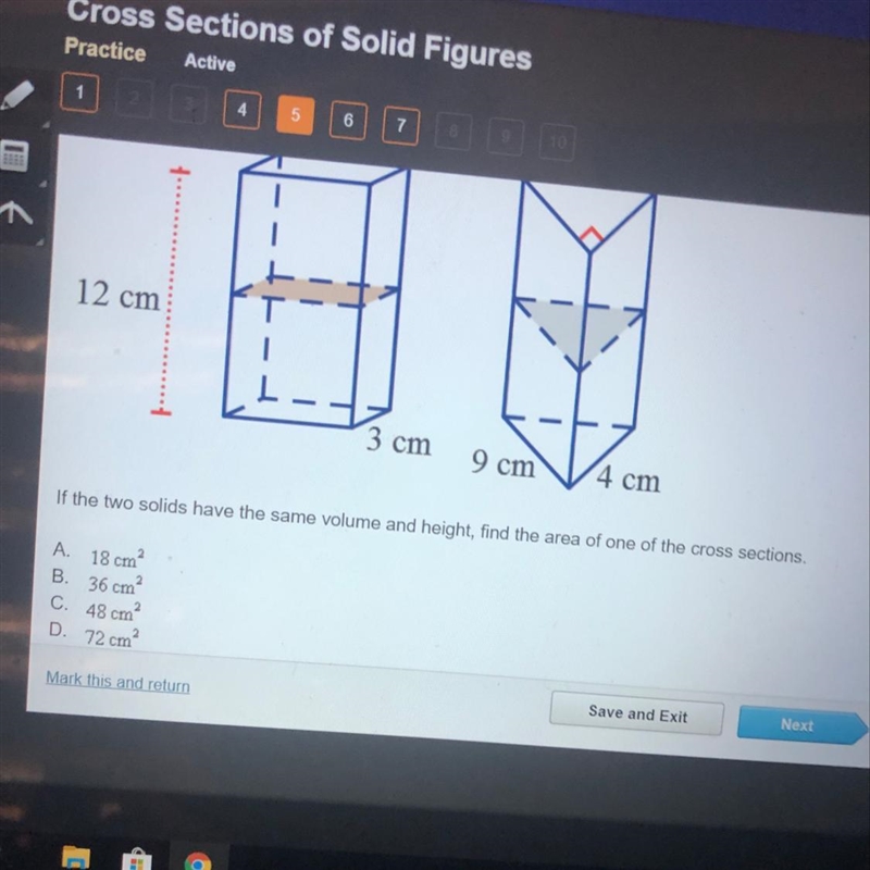 If the two solids have the same volume and height, find the area of one of the cross-example-1