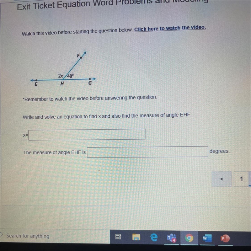 Write and solve an equation to find x and also find the measure of angle EHF.-example-1