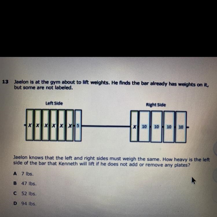 Jaelon knows that the left and right sides must weigh the same. How heavy is the left-example-1